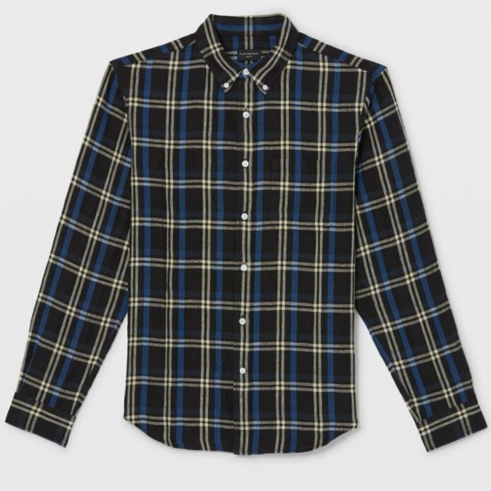 Club Monaco Black Multi Long Sleeve Plaid 100% Linen Button Up Shirt Mens Medium